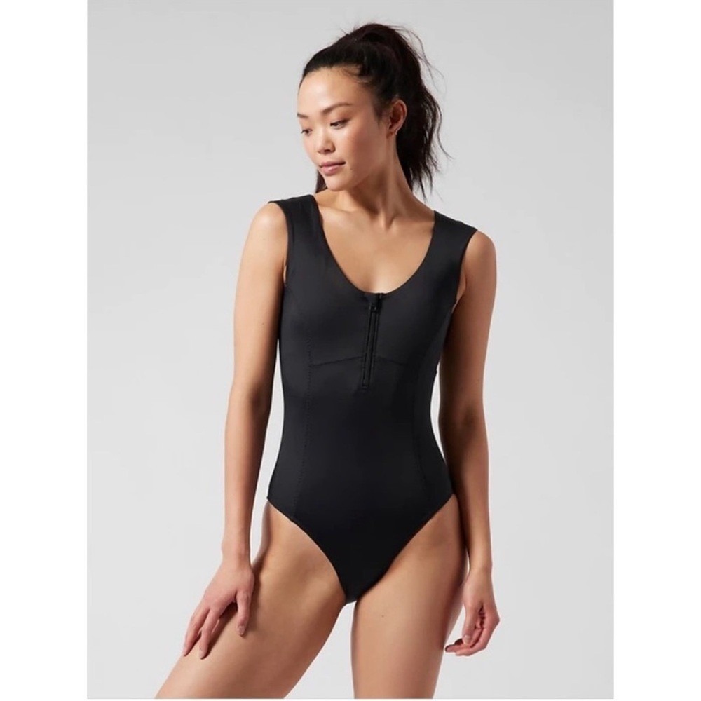 Athleta Black One-Piece Zip Front Swim Suit